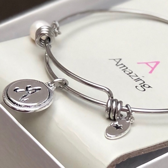 A Amazing / Initial Pearl Silver Adjustable Charm Bangle by Unwritten - Picture 7 of 13